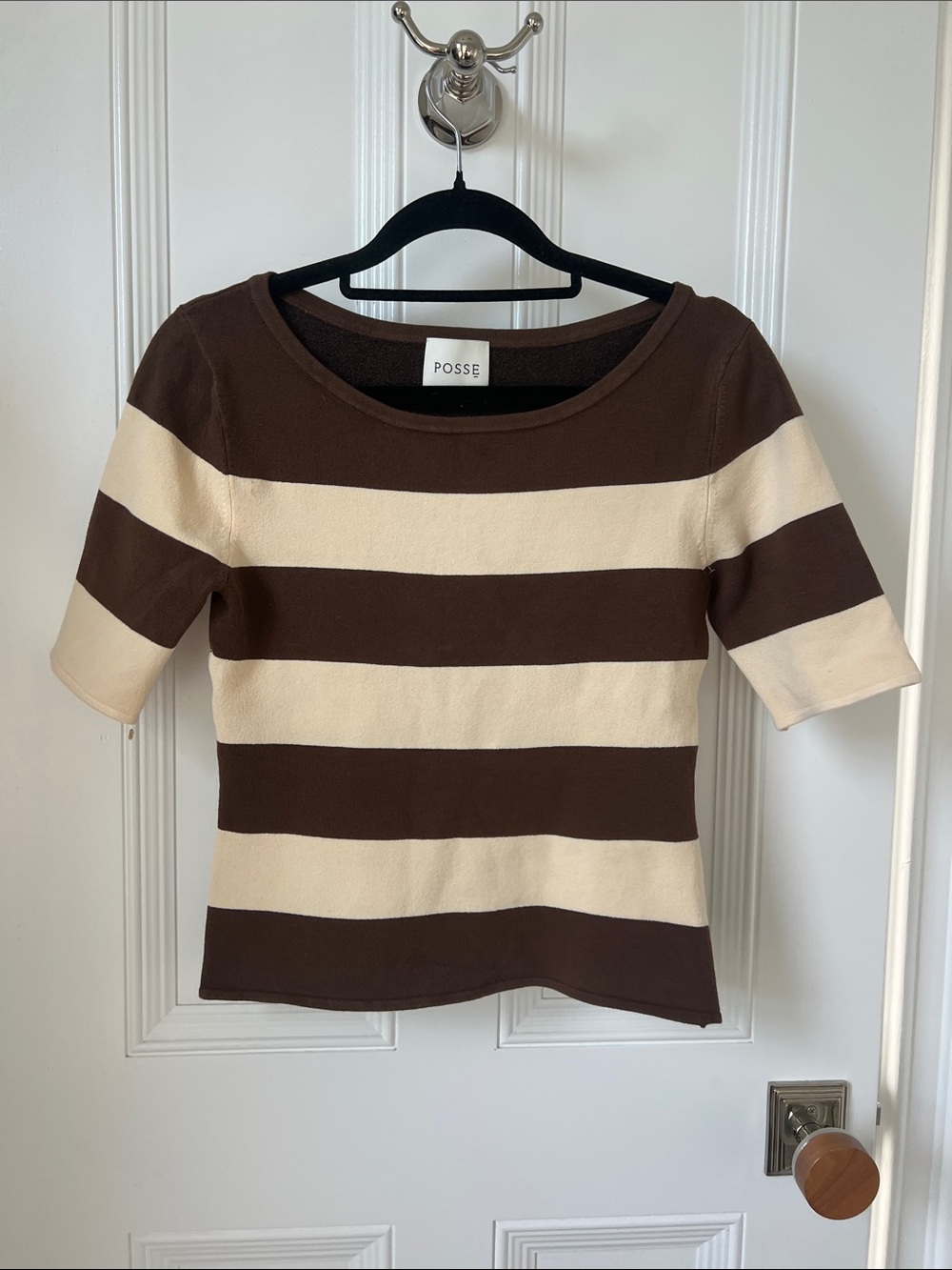 Posse Brown and Cream Striped Short Sleeve Knit Top